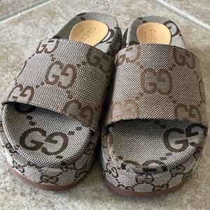 Gucci Beige and Brown GG Logo Slides
